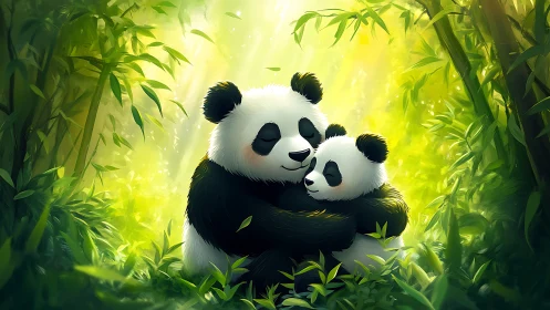 Mother panda cuddling cub in lush bamboo forest scene.