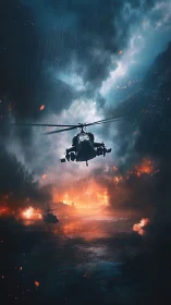 Military helicopter over burning battlefield in storm.