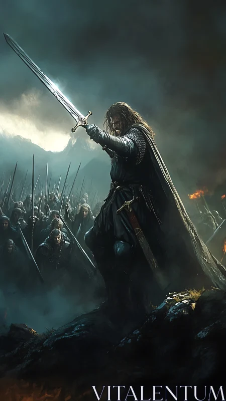 Battle-hardened warrior raises sword before storming army.