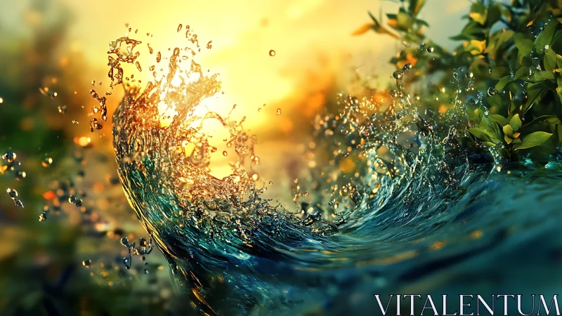 Digital render shows detailed water splash against sunset light
