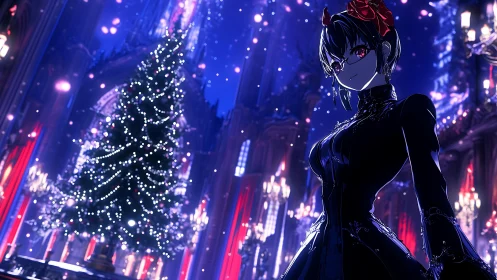 Gothic anime girl stands by glowing cathedral Christmas tree.