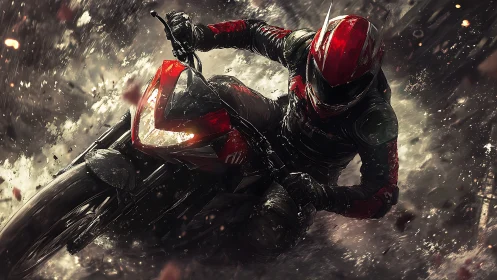 Racing biker carving through sparks in cinematic storm light.