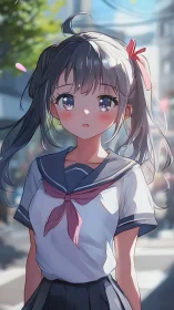 Sunlit schoolgirl pauses as city streets blur around her