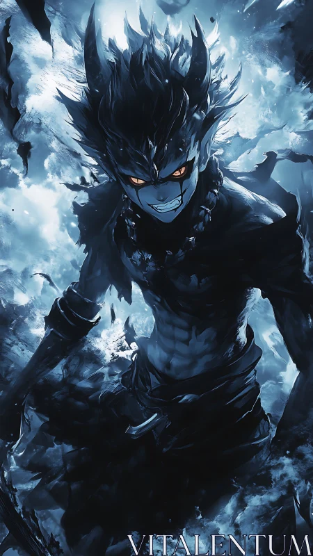 Stormlit demon warrior in a surge of icy blue power.