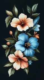 Trilateral Floral Composition: Peach Hibiscus, Blue Morpho, Botanical Study.