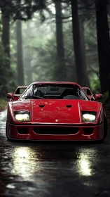 Scarlet supercar poised on misty forest road at dusk.