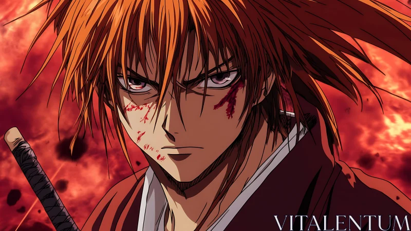 Red haired swordsman stands before fiery abstract sky