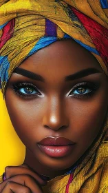 Hyper-detailed portrait shows high-contrast lighting on vibrant headwrap