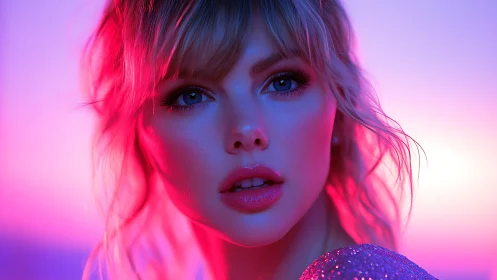 Portrait shows digitally enhanced face in colored studio light