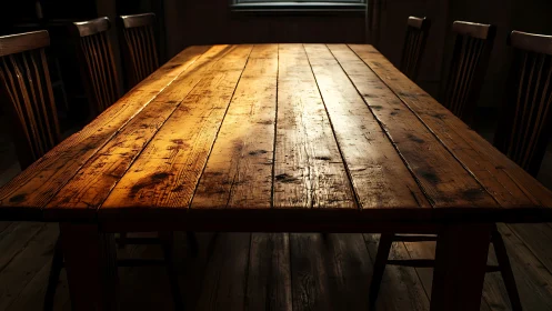 Golden evening light warms a rustic wooden dining table