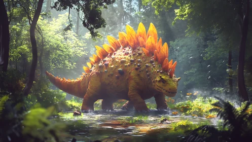 Spiked dinosaur strides through radiant misty forest pond.
