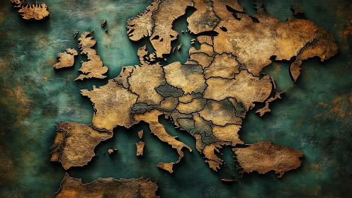 Textured metallic map of Europe glows over a deep teal sea