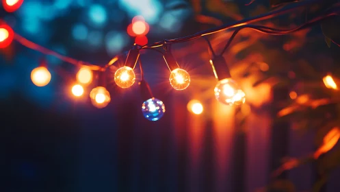 Glowing outdoor string bulbs cast warm bokeh over foliage
