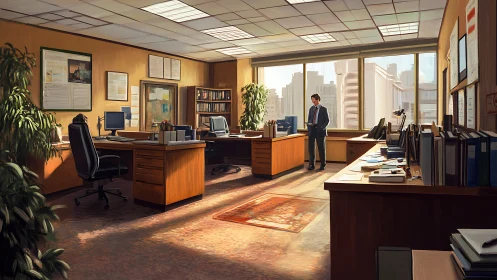 Sunlit corporate quiet where paperwork hums softly along.