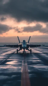 Carrier-capable jet on wet runway under stratiform dawn sky.
