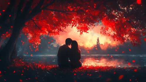 Silhouetted Lovers Under Burning Autumn Canopy.
