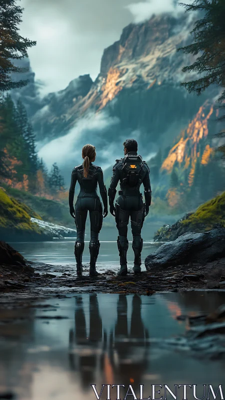 Two armored figures in alpine valley beside reflective water.