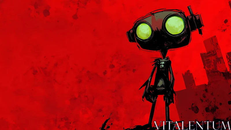 Glowing-eyed robot silhouette contrasts against scarlet urban void