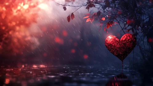 Luminescent Crystalline Heart Suspended in Stormy Aquatic Environment.