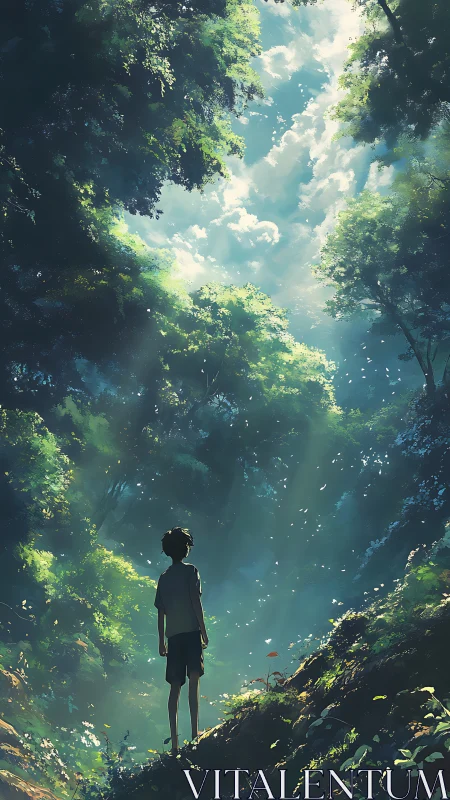 Sunlit forest welcomes a curious child into quiet wonder