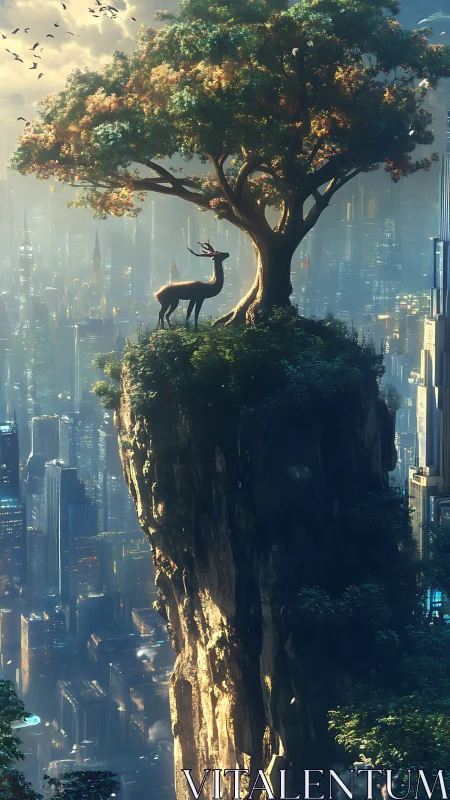 Solitary stag guards a lone tree above futuristic cityscape.