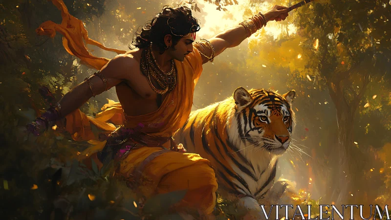 Sun-drenched warrior guides a regal tiger through wild light