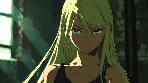 Stoic blonde anime warrior in shadowed industrial ruins.