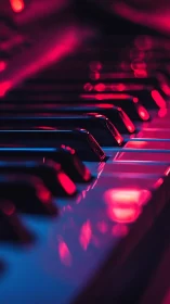 Neon piano keys glowing softly in moody evening light.