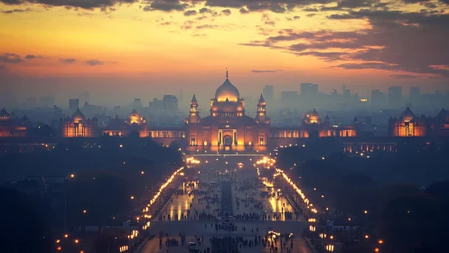 Golden sunset over a glowing palace and lively city avenue.