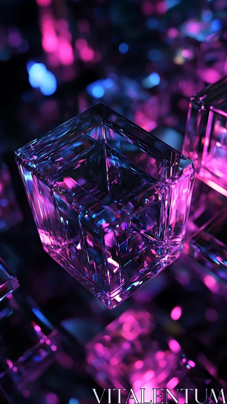 Transparent geometric cube under neon magenta blue lighting.