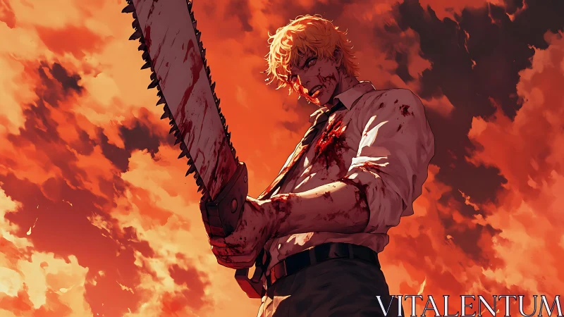 Bloodstained fighter beneath a wildfire sunset sky.