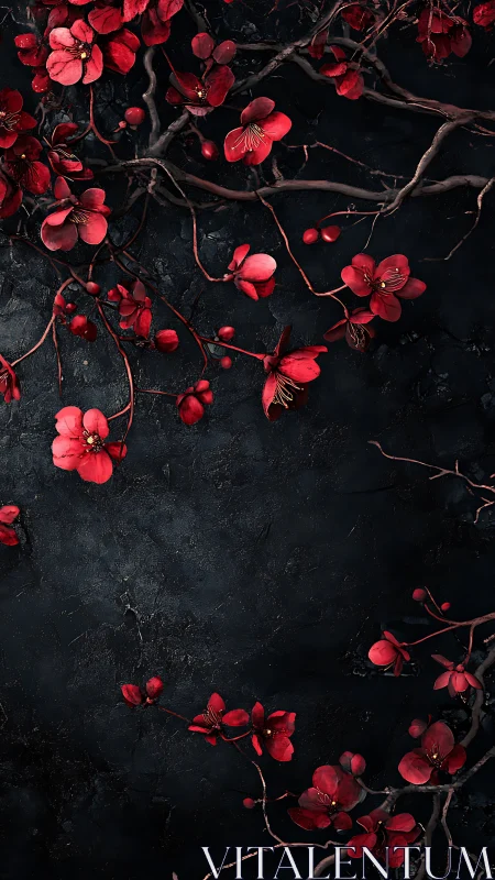 Red Blossoms Against Black Textured Ground.