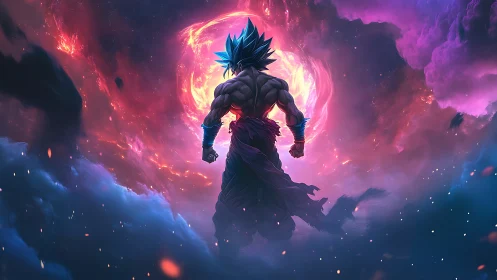 Cosmic anime warrior silhouetted against radiant nebula vortex
