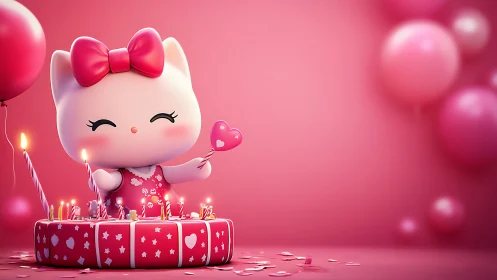 Dimensional 3D-Rendered Anthropomorphic Cat Character with Luminous Birthday Cake Setup