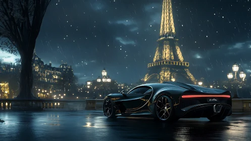 Hypercar in rain-soaked Paris streets beneath illuminated Eiffel