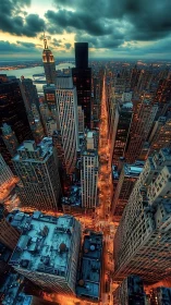Dramatic twilight skyline captures glowing city canyons.