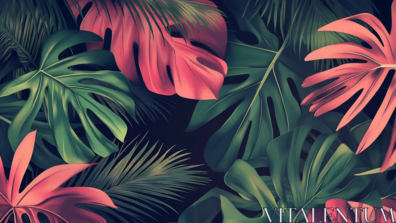Tropical monstera leaves in green and coral tones pattern.
