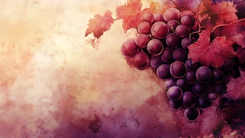 Crimson grapes cluster glows against textured pastel wall.
