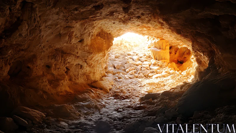 Sunlit cave doorway leading gently into the warm desert.