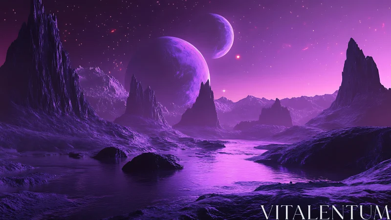 Purple extraterrestrial landscape with twin moons and water.