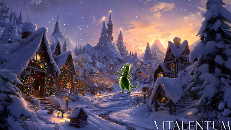 Snow-laden village with luminous green creature under sunset sky