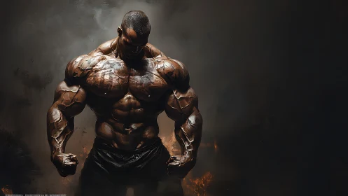 Hyperreal digital painting of muscular bodybuilder silhouette.