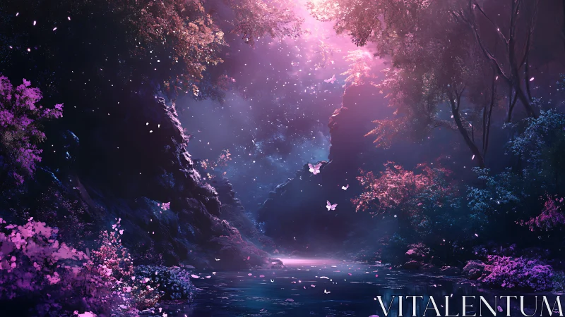 Enchanted river glows softly beneath a dreamy violet sky