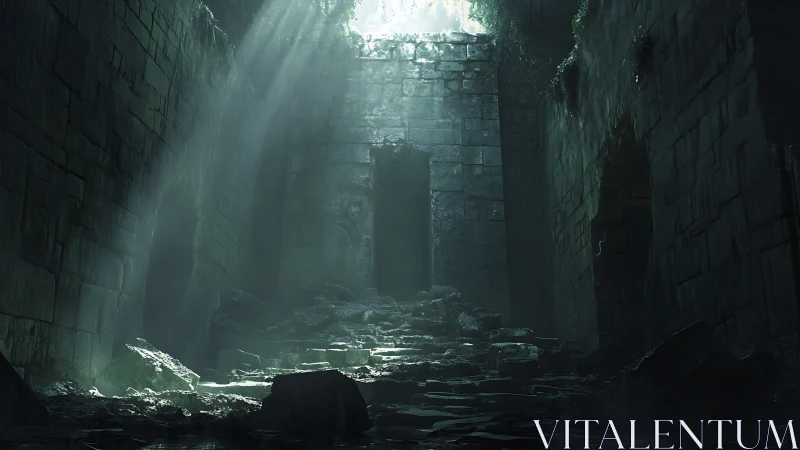 Light enters a ruined stone chamber through an overhead opening