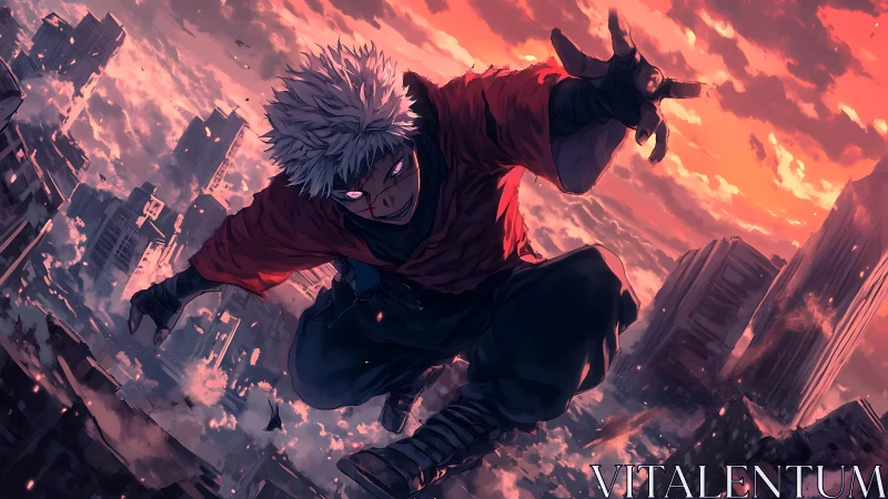 White-haired antihero dives through burning city ruins.