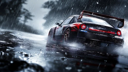 Racing car drifting on wet track under heavy rainfall.