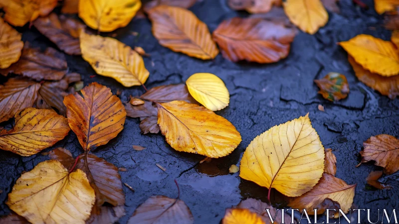 Wet pavement with scattered yellow and brown autumn leaves.