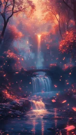 Enchanted bridge overlooks glowing waterfalls at twilight.