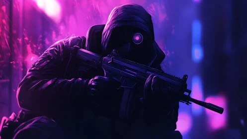 Hooded night watcher in neon city glow, quietly poised.