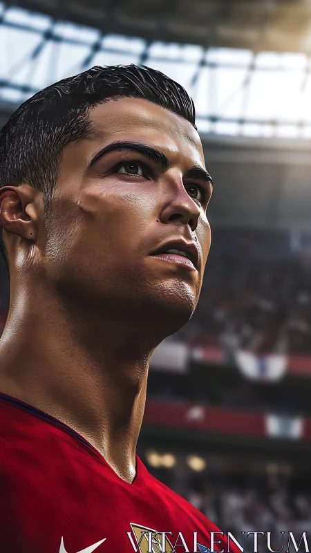 Digital stadium portrait of focused football player in red kit.
